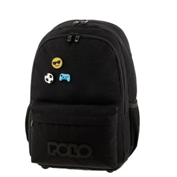 Polo Pins Σχολική Τσάντα Πλάτης Γυμνασίου - Λυκείου Μαύρη με Θήκη για Παγούρι 20lt 2025