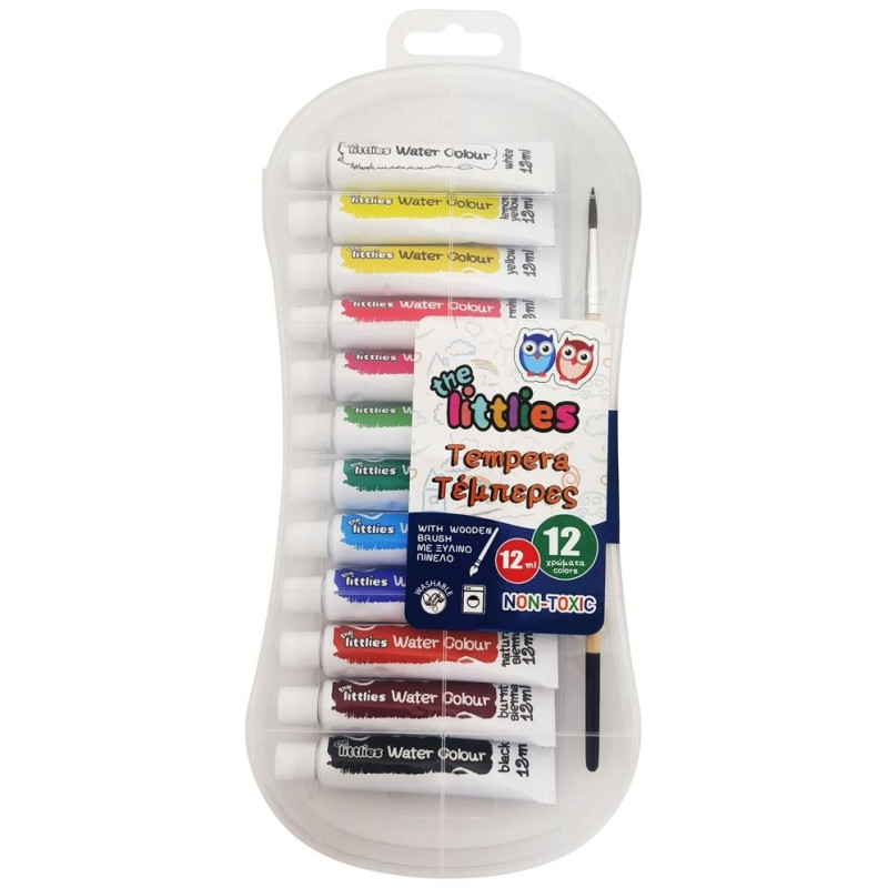 The Littlies Τέμπερα 12ml 12 χρώματα Με Ξύλινο Πινέλο Σε PP Box   646814
