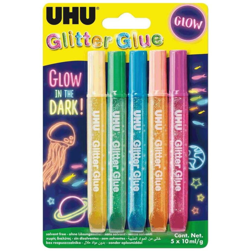 UHU In The Dark Κόλλα Glitter Πολύχρωμη 10ml Σετ 5τμχ 48210