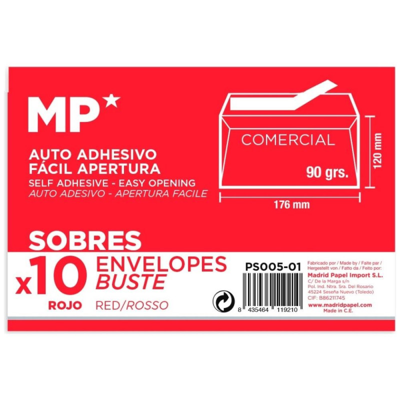 MP Κόκκινοι Αυτοκόλλητοι Φάκελοι 120 x 176 mm 10 τεμ PS005-01